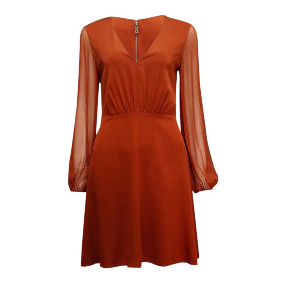 Alice + Olivia Cary Long-Sleeve Stretch Silk A-Line Dress Size 2 in Rust Orange